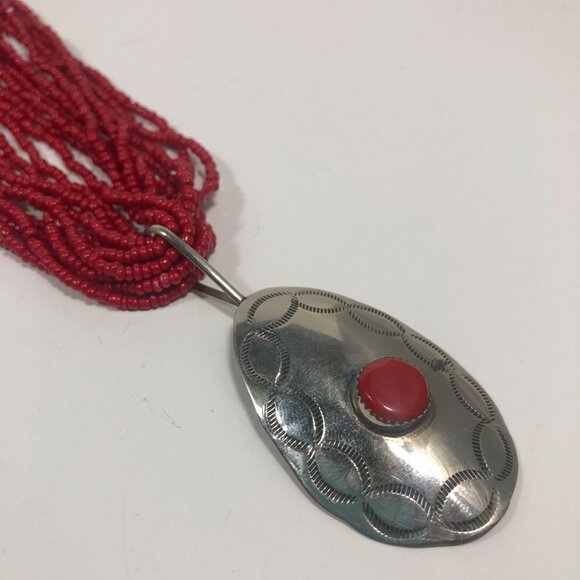 Artisian Red Seed Bead Necklace Boho Statement Silver Tone Pendant Southwestern - Picture 5 of 7